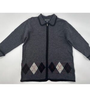 Herman Geist Cardigan 100% Wool Sweater Womens Plus 22W Argyle Gray Zip Collared